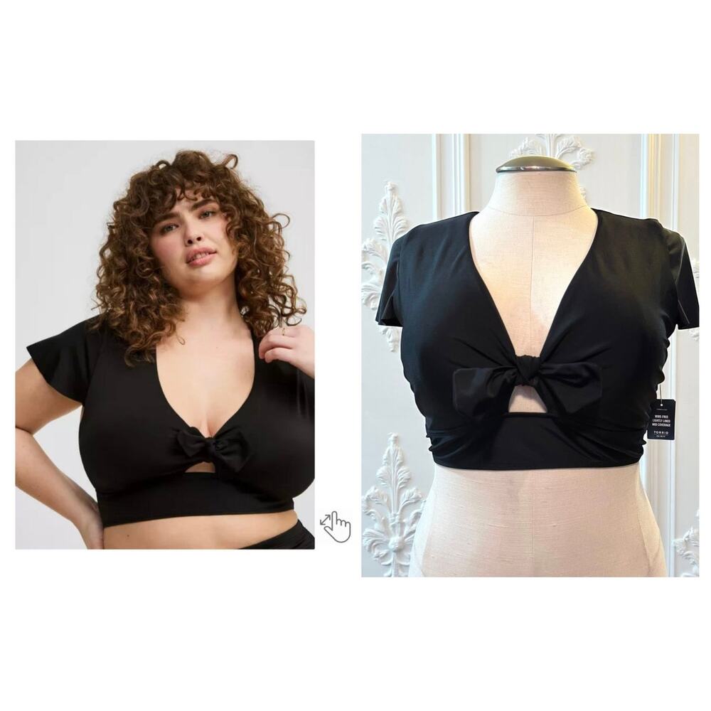 TOP ONLY Torrid 2 (2X) Black Wireless Busty Swim Tie Front Bikini Top w/Sleeves